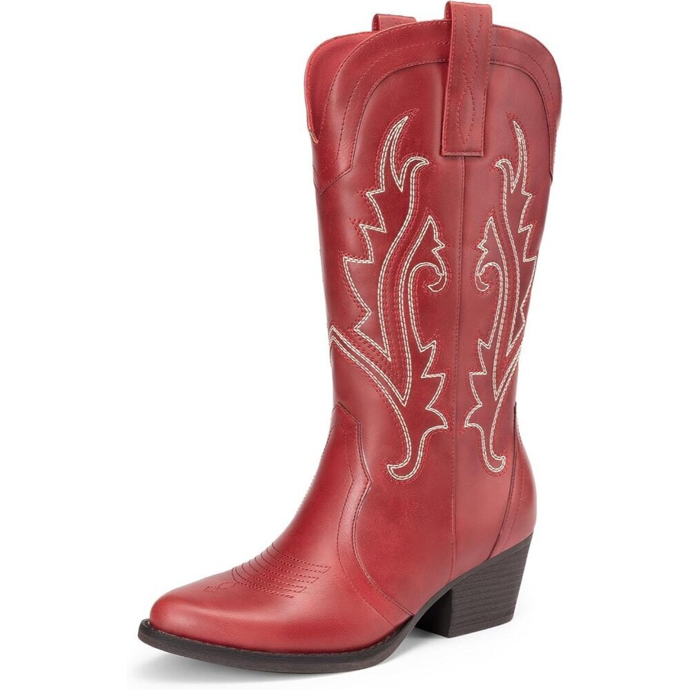 Women's Red Mid Calf Cowgirl Boots Point Toe Chunky Embroidery Stitched Boots